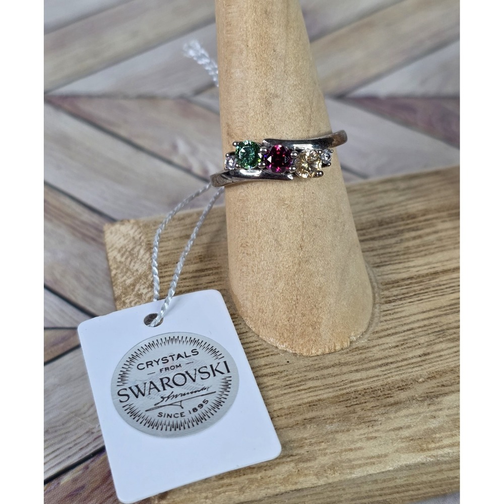 D'joy Sterling Silver Three Stones Birthstone Styke Swarovski Crystals Size 8